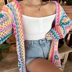 NEW LAVENDER GRANNY CROCHET TASSEL RAINBOW CARDIGAN SIZE SMALL